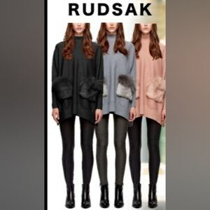 RUDSAK Sweater Swoon Poncho Tunic Rabbit Fur Trim Black Knit Oversized Size XS